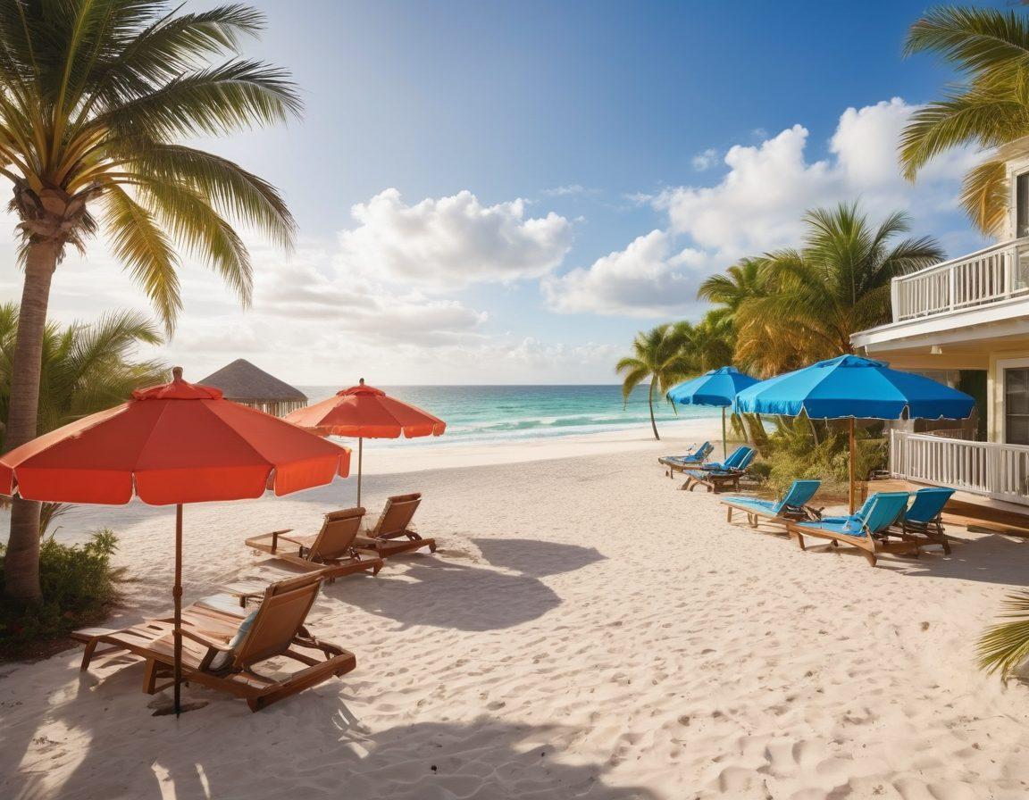 A picturesque beach scene with colorful beach umbrellas and lounge chairs, inviting travelers of all ages. Include a cozy beachfront accommodation, palm trees swaying in the gentle breeze, and happy families enjoying the sun. The sky should be a vibrant blue with fluffy white clouds, creating a perfect vacation atmosphere. super-realistic. vibrant colors. 3D.