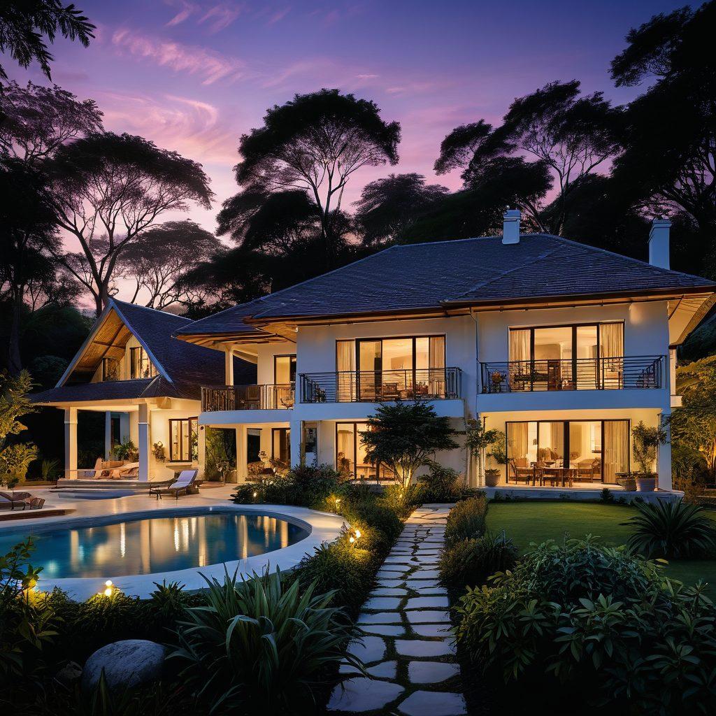 A serene landscape showcasing a cozy family-friendly bungalow surrounded by lush greenery and playful children in the foreground, transitioning to an elegant romantic villa illuminated at dusk with candlelit terraces and a couple enjoying the view. The scene should evoke feelings of warmth and love, enhancing the contrast between family fun and romantic escapades. sunset hues blending into twilight. super-realistic. vibrant colors.